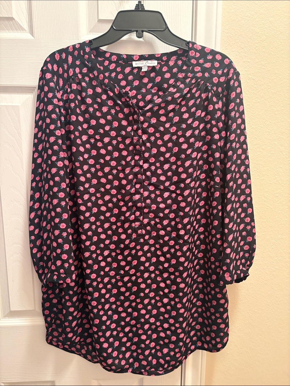 Women's Black Blouse with Pink Floral Dot Print by Ann Taylor